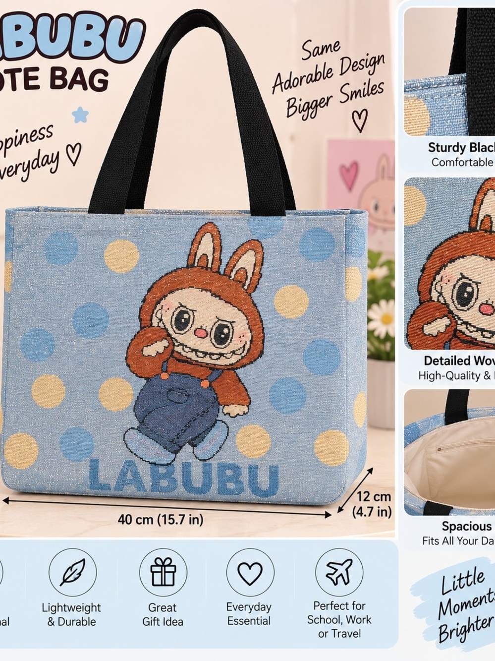 Blue Polka-Dot Canvas Tote Bag with Character